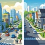 A split scene showing a city with tall condo buildings and busy streets on the left, and a quiet suburban neighborhood with single-family homes and tree-lined streets on the right.