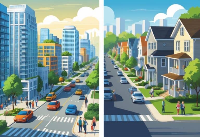 A split scene showing a city with tall condo buildings and busy streets on the left, and a quiet suburban neighborhood with single-family homes and tree-lined streets on the right.