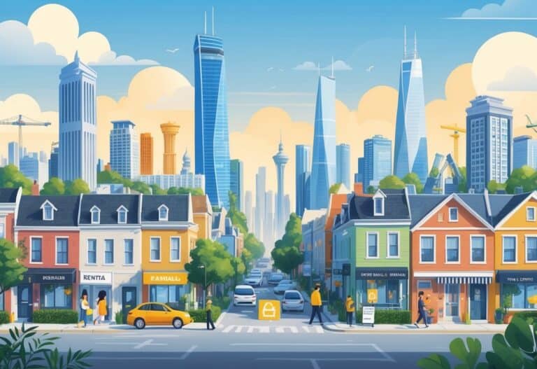 A cityscape showing various buildings and neighborhoods with people interacting around rental properties and tourists exploring the area.