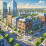 A lively city scene showing modern and renovated buildings, green spaces, people walking and cycling, and clean streets with public transportation, illustrating a successful urban revitalization.