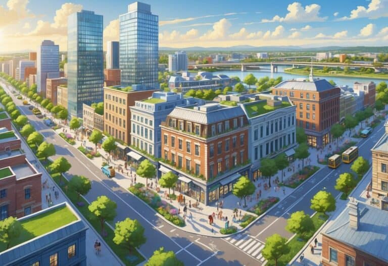 A lively city scene showing modern and renovated buildings, green spaces, people walking and cycling, and clean streets with public transportation, illustrating a successful urban revitalization.