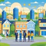 A diverse group of people happily interacting in a city neighborhood with various homes and community features, symbolizing support for first-time homebuyers.