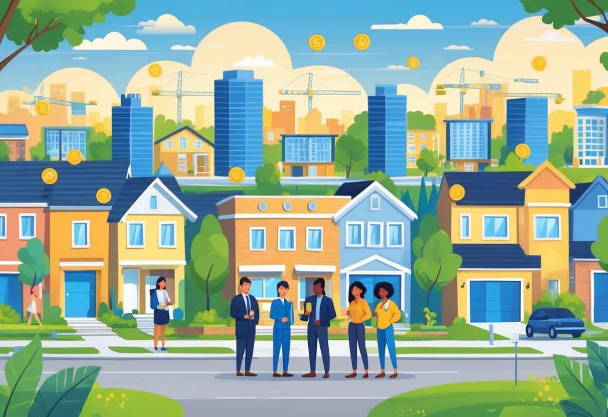 A diverse group of people happily interacting in a city neighborhood with various homes and community features, symbolizing support for first-time homebuyers.