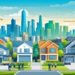 A cityscape with multiple urban skylines, real estate agents reviewing plans, and houses being renovated for sale.