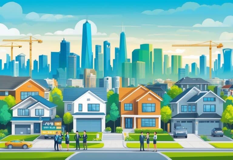 A cityscape with multiple urban skylines, real estate agents reviewing plans, and houses being renovated for sale.