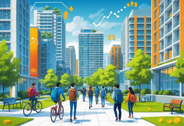 A city scene showing modern apartment buildings with students walking and biking around, surrounded by trees and green spaces.