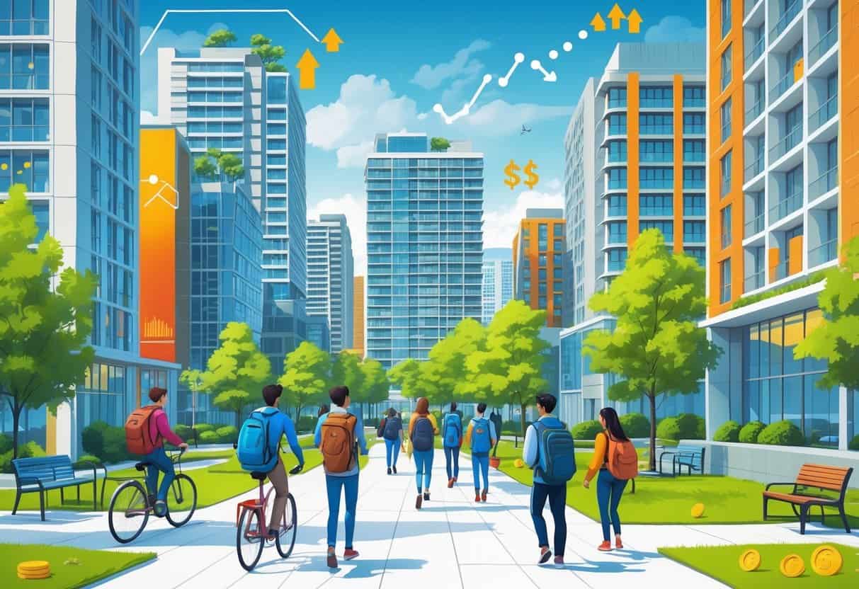 A city scene showing modern apartment buildings with students walking and biking around, surrounded by trees and green spaces.