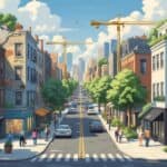 A city scene showing older buildings next to modern apartments with people moving between neighborhoods.
