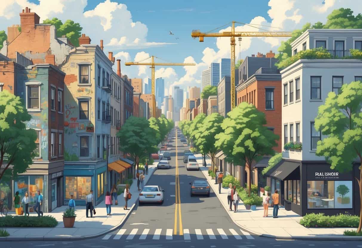A city scene showing older buildings next to modern apartments with people moving between neighborhoods.