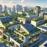 A cityscape with modern eco-friendly houses featuring solar panels, green roofs, and trees in a clean urban environment.