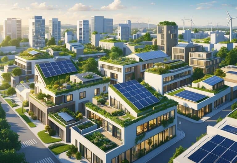A cityscape with modern eco-friendly houses featuring solar panels, green roofs, and trees in a clean urban environment.