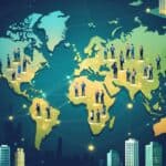 A global map showing major cities with clusters of professionals networking around buildings and city skylines.