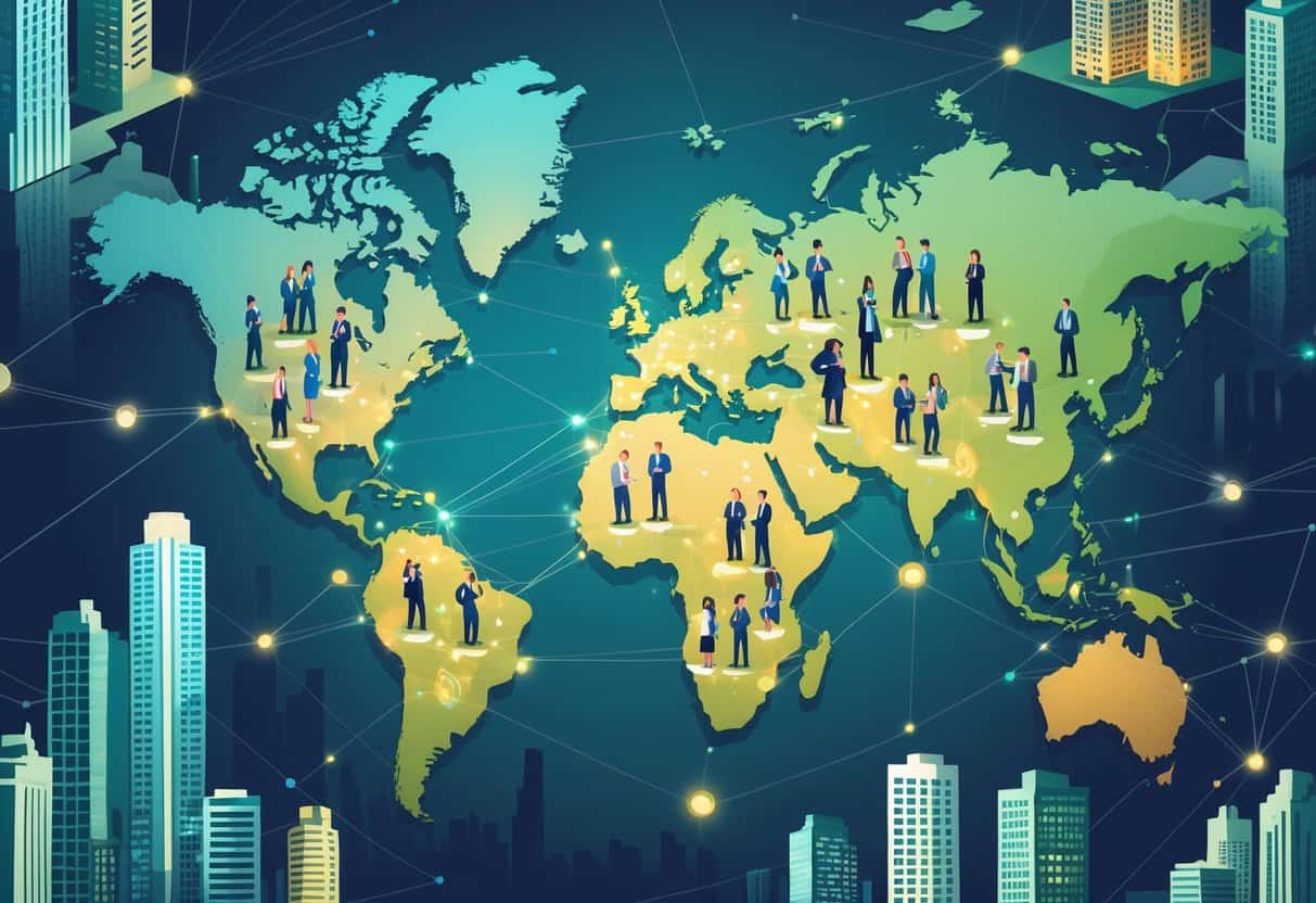 A global map showing major cities with clusters of professionals networking around buildings and city skylines.