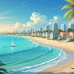 A peaceful beachfront with small houses, palm trees, sailboats on clear water, and a city skyline in the background under a sunny sky.