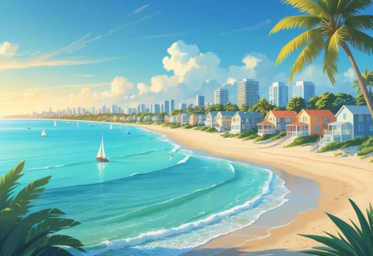 A peaceful beachfront with small houses, palm trees, sailboats on clear water, and a city skyline in the background under a sunny sky.