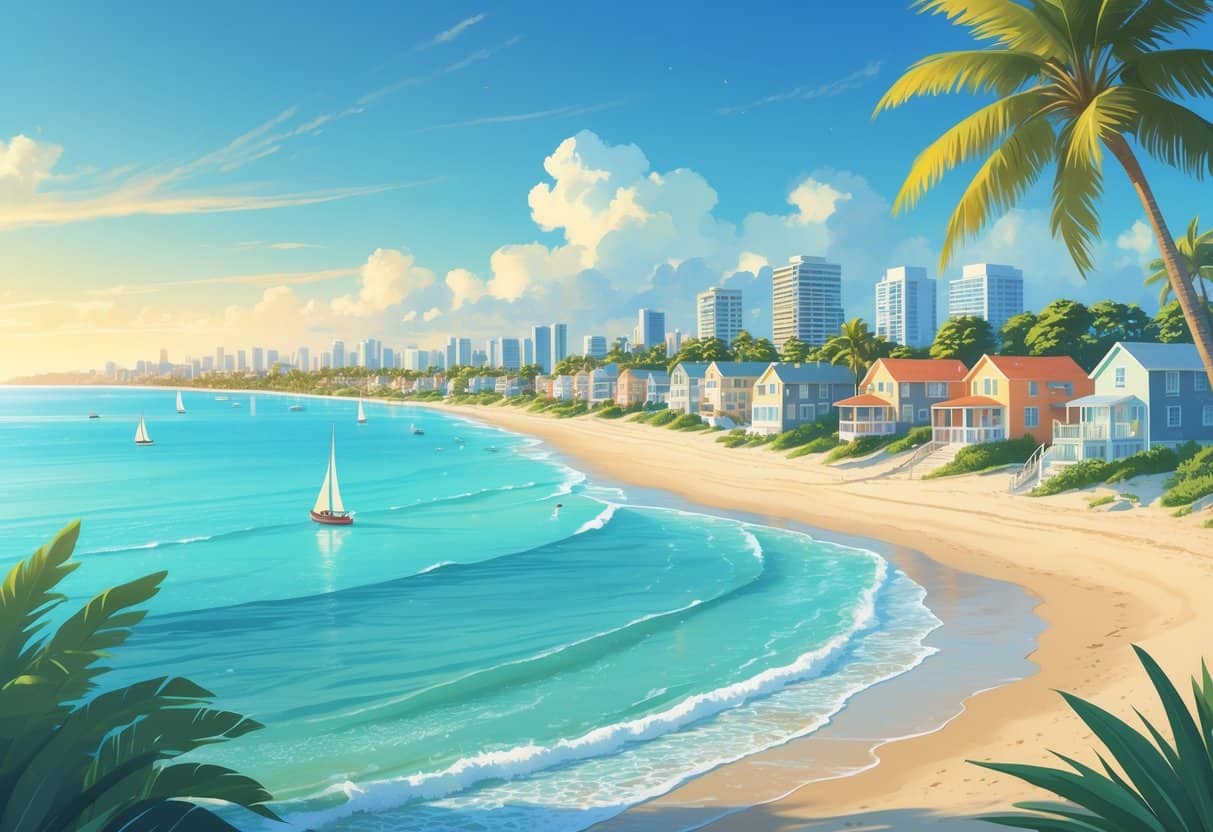 A peaceful beachfront with small houses, palm trees, sailboats on clear water, and a city skyline in the background under a sunny sky.