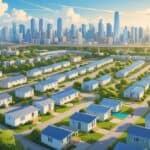 An urban scene showing several mobile home parks with green spaces near city skylines and landmarks, highlighting residential communities within a city.