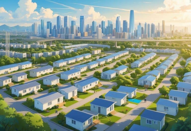An urban scene showing several mobile home parks with green spaces near city skylines and landmarks, highlighting residential communities within a city.