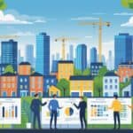A cityscape showing affordable residential buildings and investors reviewing property charts, representing real estate investment opportunities.