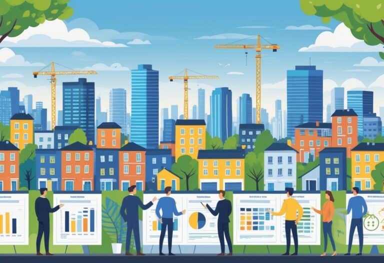 A cityscape showing affordable residential buildings and investors reviewing property charts, representing real estate investment opportunities.