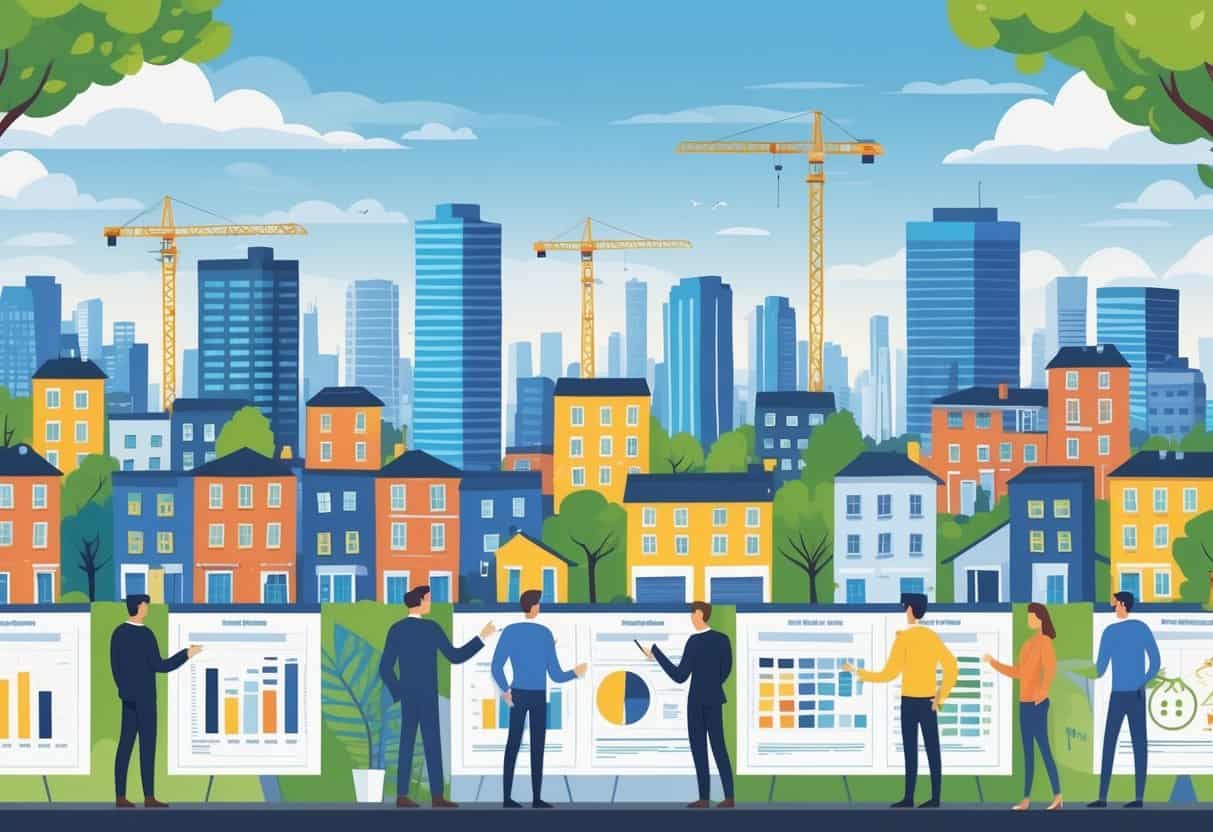 A cityscape showing affordable residential buildings and investors reviewing property charts, representing real estate investment opportunities.