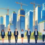 A bustling city with tall buildings, construction sites, and people walking, representing job growth and real estate development.