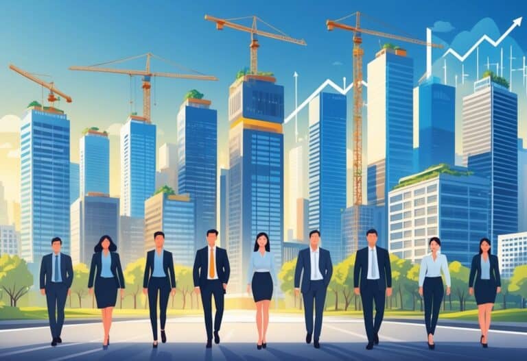 A bustling city with tall buildings, construction sites, and people walking, representing job growth and real estate development.