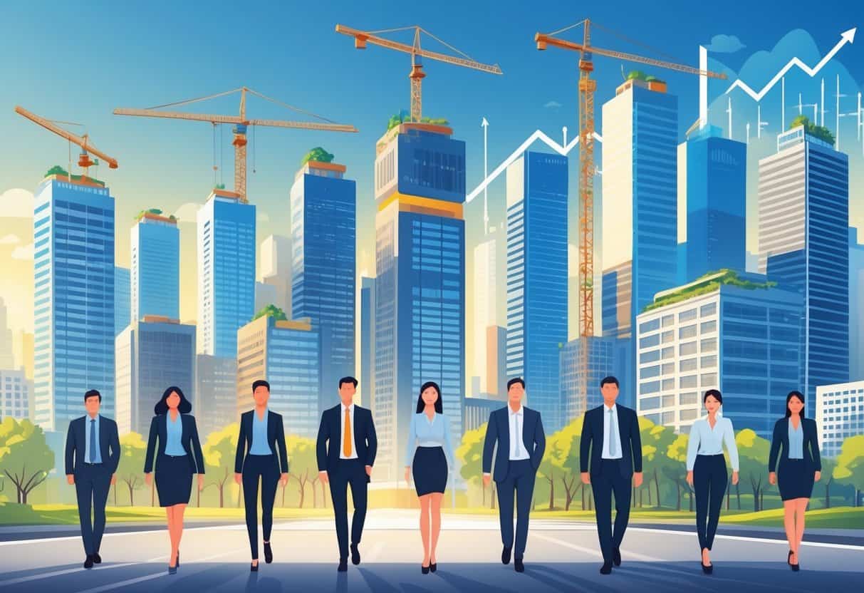 A bustling city with tall buildings, construction sites, and people walking, representing job growth and real estate development.
