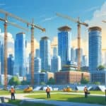 A vibrant city skyline with multiple buildings under construction, cranes, and workers collaborating on-site, showing urban development and property growth.