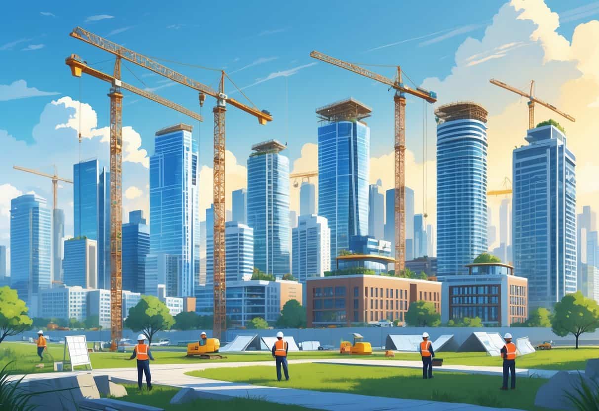 A vibrant city skyline with multiple buildings under construction, cranes, and workers collaborating on-site, showing urban development and property growth.