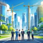 A city skyline with buildings under construction, people discussing plans, and green spaces among modern structures.