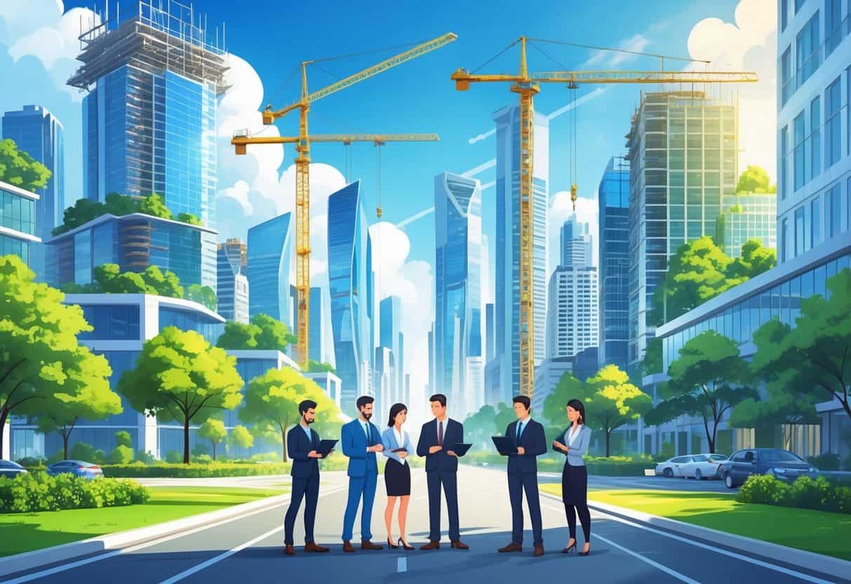 A city skyline with buildings under construction, people discussing plans, and green spaces among modern structures.