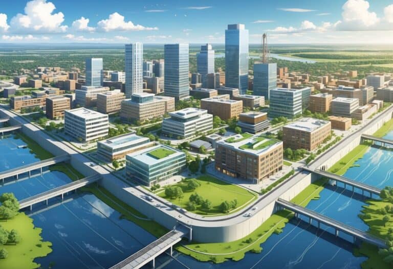 A modern city with buildings and green spaces protected by flood barriers and raised foundations near rivers and lakes.