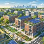 A lively urban neighborhood with diverse residential buildings, green spaces, and people interacting in community areas.