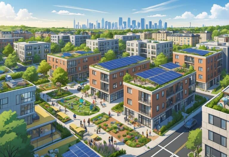 A lively urban neighborhood with diverse residential buildings, green spaces, and people interacting in community areas.