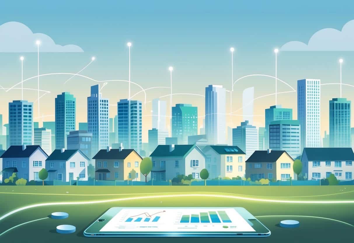 A cityscape with various buildings connected by glowing lines and a transparent digital tablet showing abstract charts in the foreground.