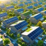 A city with many houses and buildings covered in solar panels under a sunny sky, surrounded by greenery and eco-friendly vehicles.