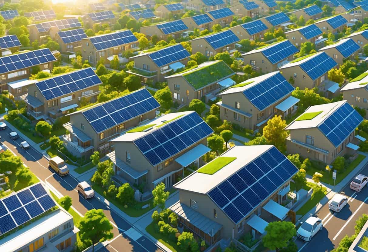 A city with many houses and buildings covered in solar panels under a sunny sky, surrounded by greenery and eco-friendly vehicles.