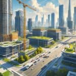 A city with ongoing large construction projects including high-rise buildings, cranes, and new residential areas, showing people observing the changes.