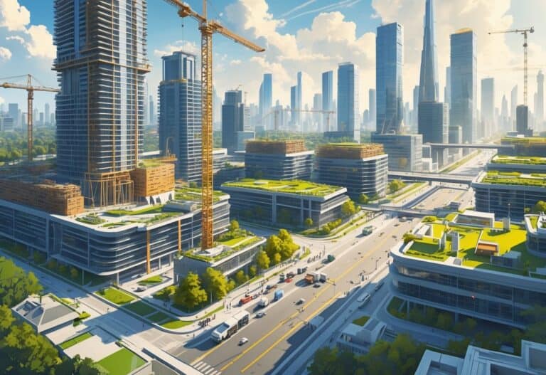 A city with ongoing large construction projects including high-rise buildings, cranes, and new residential areas, showing people observing the changes.