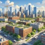 A city skyline with a mix of modern and renovated buildings, green spaces, and active construction showing urban development.