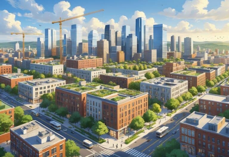 A city skyline with a mix of modern and renovated buildings, green spaces, and active construction showing urban development.