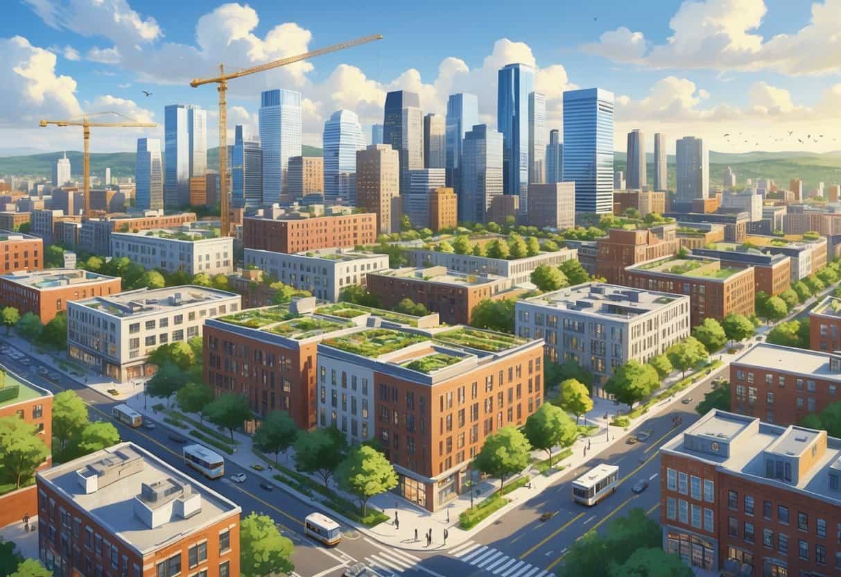 A city skyline with a mix of modern and renovated buildings, green spaces, and active construction showing urban development.