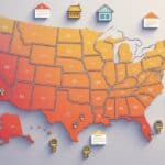 A map of the United States highlighting certain states with high foreclosure rates, surrounded by icons representing houses, keys, and documents.