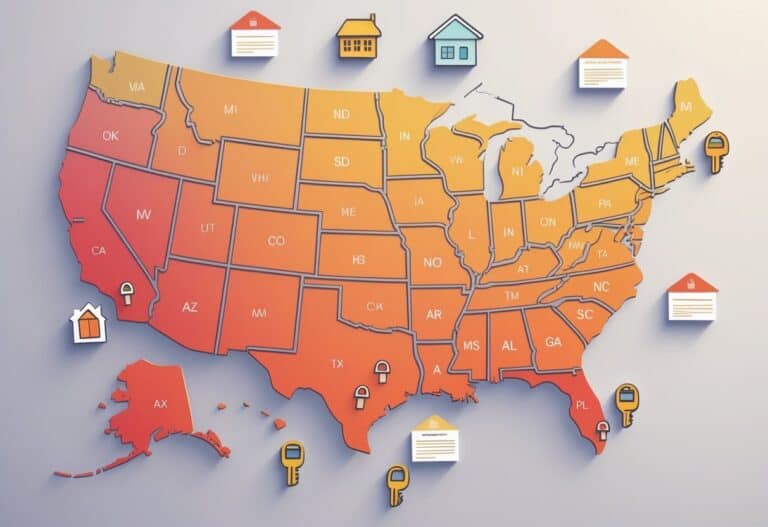 A map of the United States highlighting certain states with high foreclosure rates, surrounded by icons representing houses, keys, and documents.
