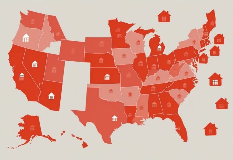 A map of the United States showing states shaded in different shades of red to represent varying levels of risk for a housing bubble, with house icons over the highest risk areas.