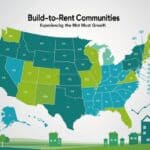 A map of the United States highlighting several states with icons of residential buildings and graphical elements indicating growth.