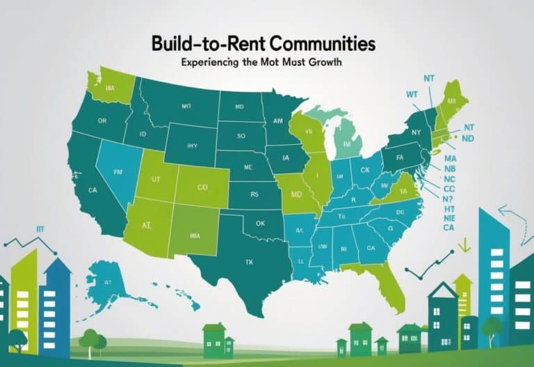 A map of the United States highlighting several states with icons of residential buildings and graphical elements indicating growth.