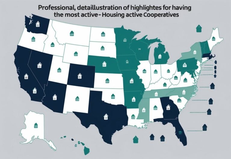 Map of the United States with several states highlighted, featuring small house icons over those states to represent active housing cooperatives.