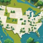 A map of the United States highlighting states with walkable suburbs, showing neighborhoods with houses, sidewalks, parks, and people walking and biking.